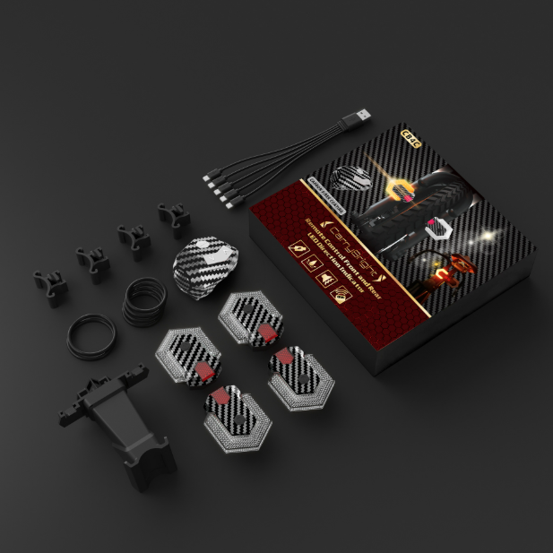 CarryBright Kit Frecce Bici LED Fibra Carbonio Ant/Post 4pz, Ricaricabile USB, Telecomando Wireless per Ebike e Sicurezza Ciclismo